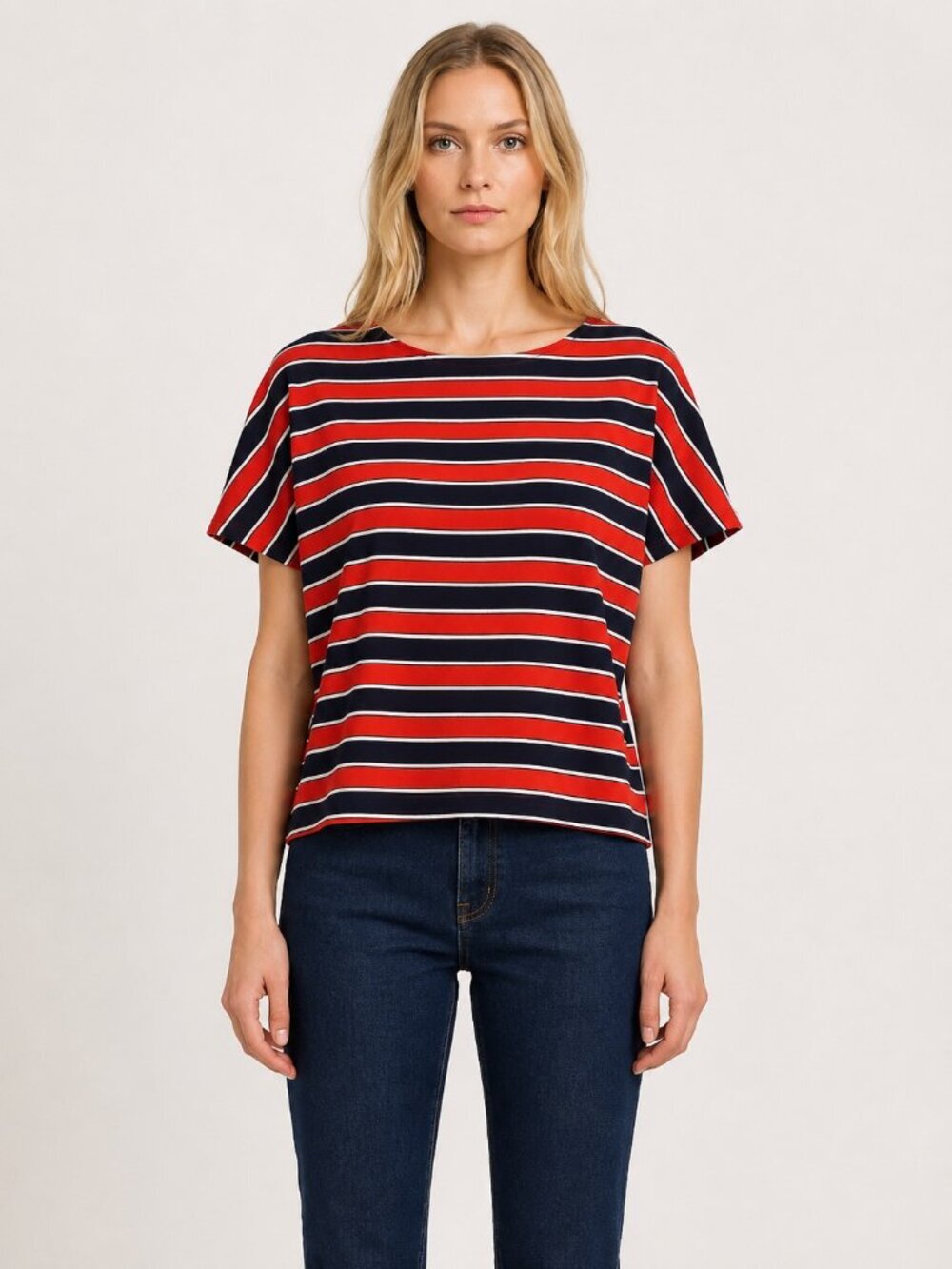J Crew Silk Gondola Striped Short Sleeve Top Womens 10 Blue Red